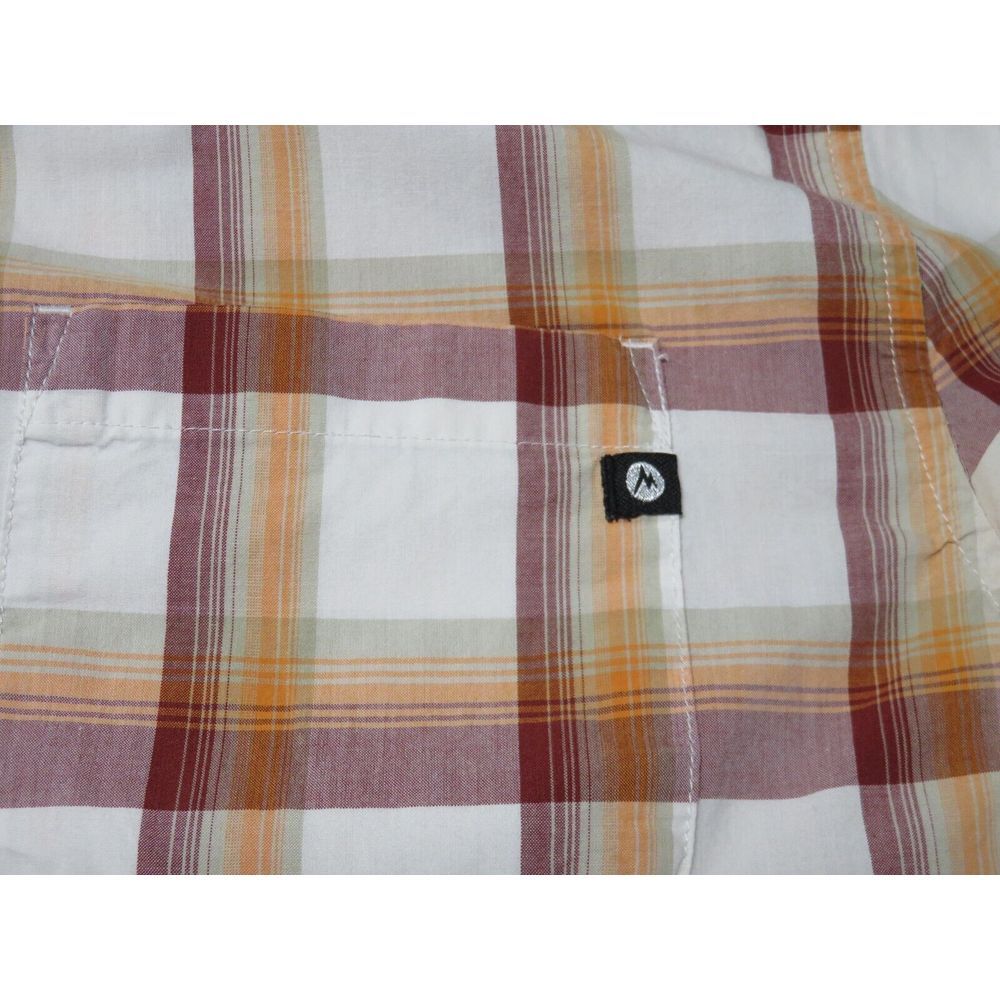 Mens Marmot Short Sleeve Button Front Shirt Size L Orange Red White Plaid Hiking - Picture 5 of 8